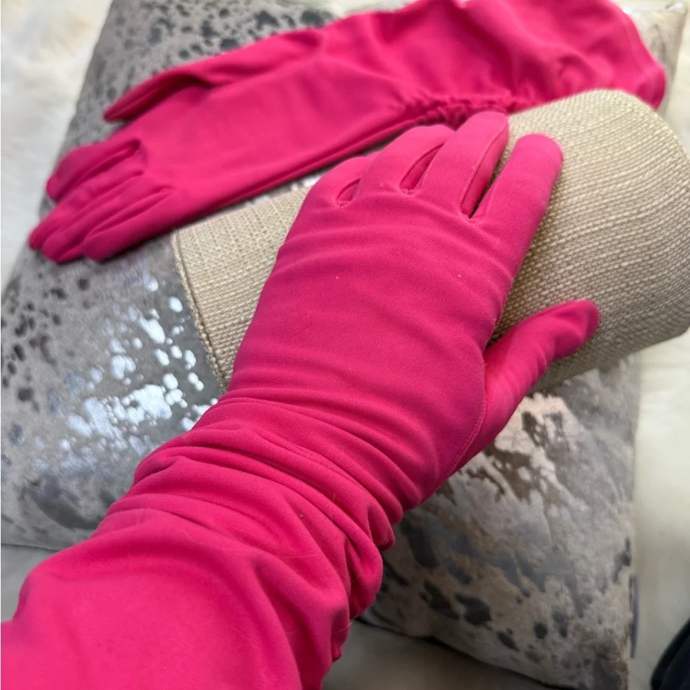 pink gloves vintage long ruched stretch VTG bubble gum‎ costume mid arm or elbow